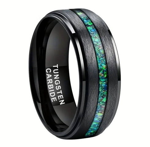 Men's 8mm Tungsten Beveled Edges Black Emerald Opal Siderite Wedding Band